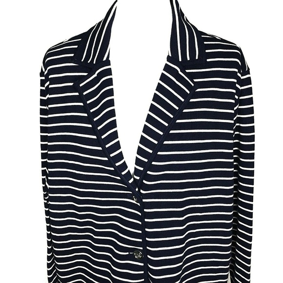 Chaps Button Front Knit Blazer Plus Size 2X Blue White Striped - Picture 2 of 6